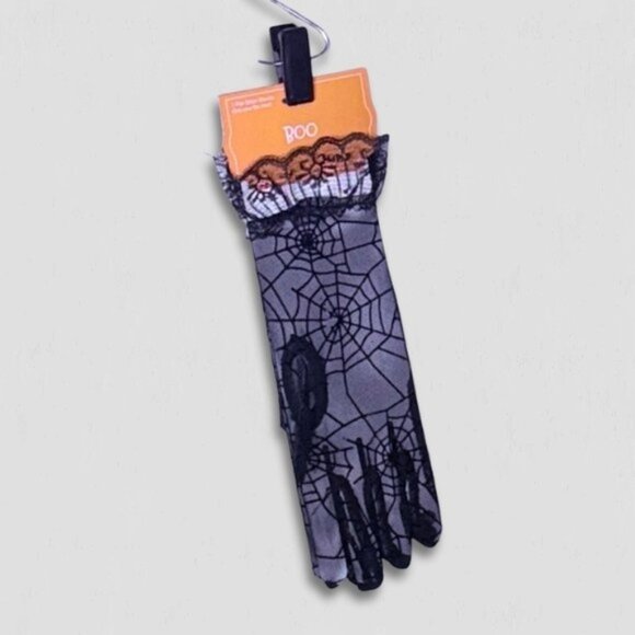 NWT BOO Halloween Sheer Lace Gloves Spiderweb Pattern Design Gothic Style Black - Picture 1 of 5